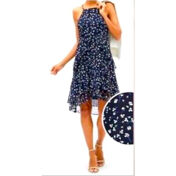 Banana Republic Factory Navy Blue White Floral Ruffled Tier Halter Midi Dress - Picture 1 of 16